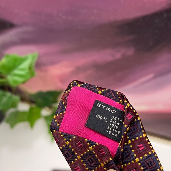 Etro Burgundy and Gold Geometric Patterned Silk Tie - Picture 10 of 10